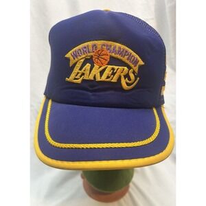 VTG 80s Los Angeles Lakers World Champion SnapBack Cap Gold Braid Purple